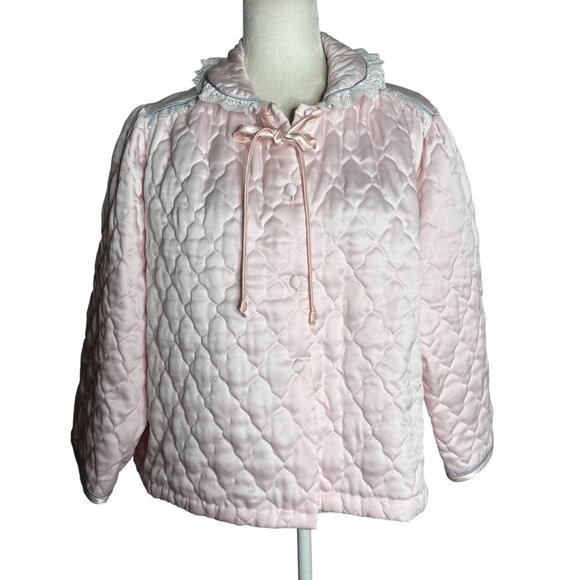 Vintage 80s Appel Quilted Bed Jacket Large Light Pink Lace Polyester Buttons - Picture 1 of 9